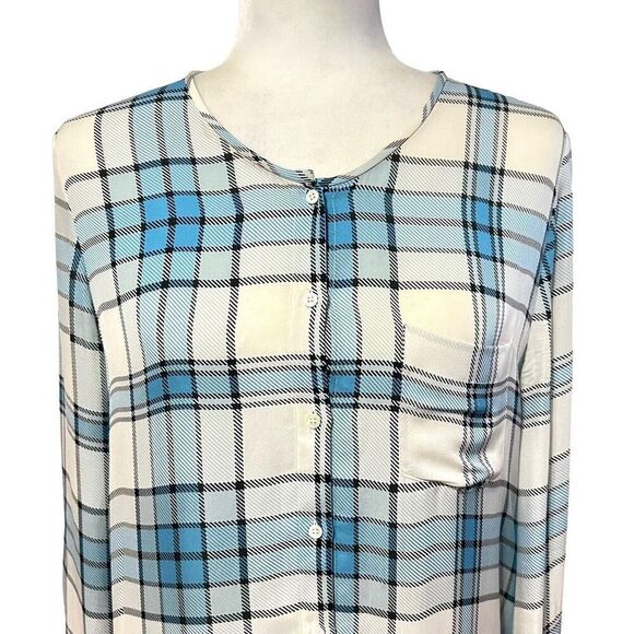 Joie Blue Multi Color Plaid Silk Shirt Medium Button Up Roll Tab Sleeves - Picture 7 of 15